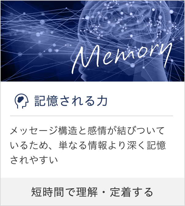 記憶される力/メッセージ構造と感情が結びついているため、単なる情報より深く記憶されやすい/短時間で理解・定着する